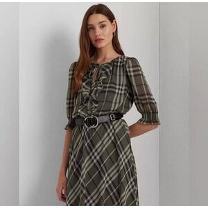 Lauren Ralph Lauren Plaid Ruffle Neck Maxi Dress Green Beige Size 16‎